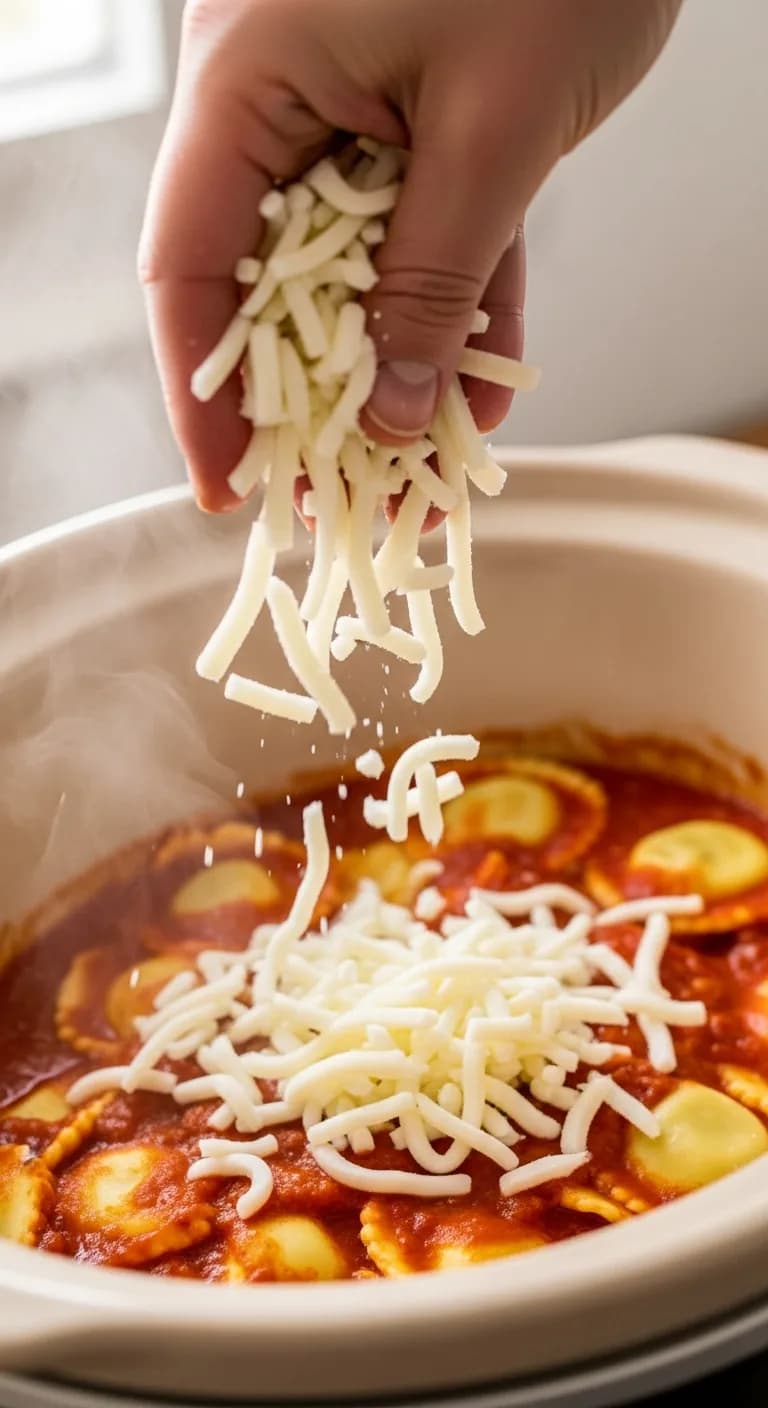 Sprinkling shredded mozzarella cheese over sauce and pasta layer
