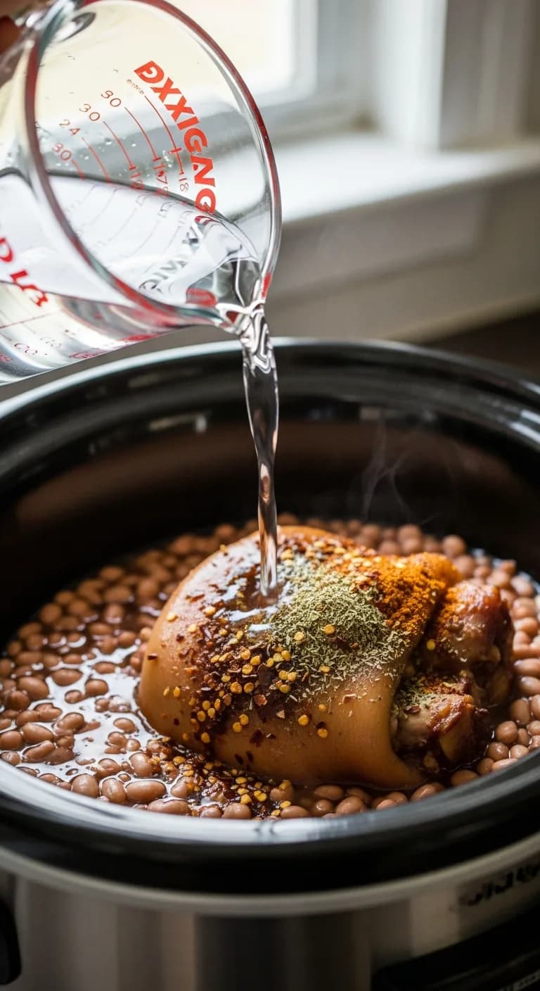 Pouring water from a measuring cup into the slow cooker over the pinto beans and seasonings.