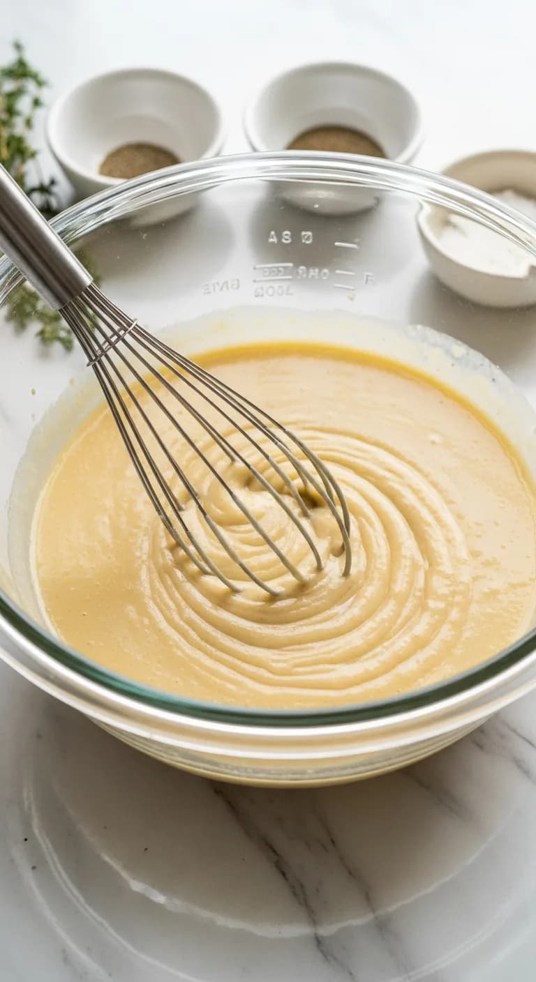 Creamy sauce mixture being whisked in a glass bowl for the crockpot chicken pot pie.