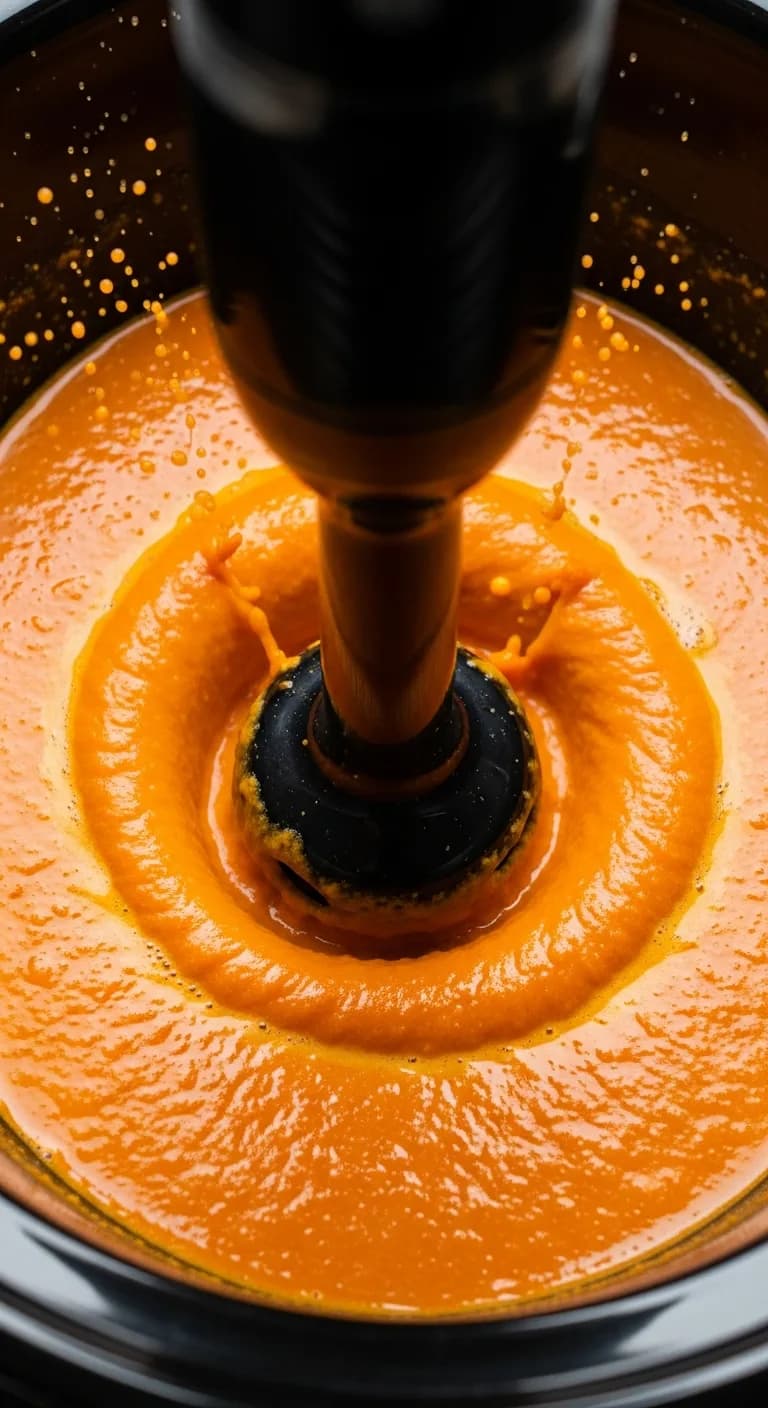 Using an immersion blender to puree the cooked carrot soup in the crockpot.