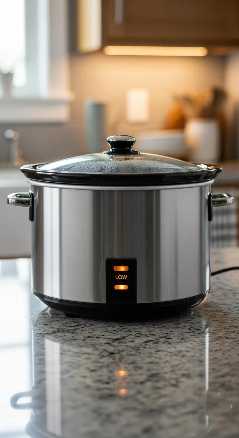 A closed slow cooker on a kitchen counter cooking the crockpot carrots recipe.