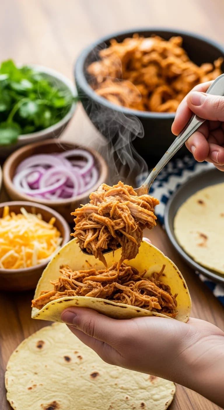 A warm tortilla being filled with crockpot shredded chicken to make a taco.