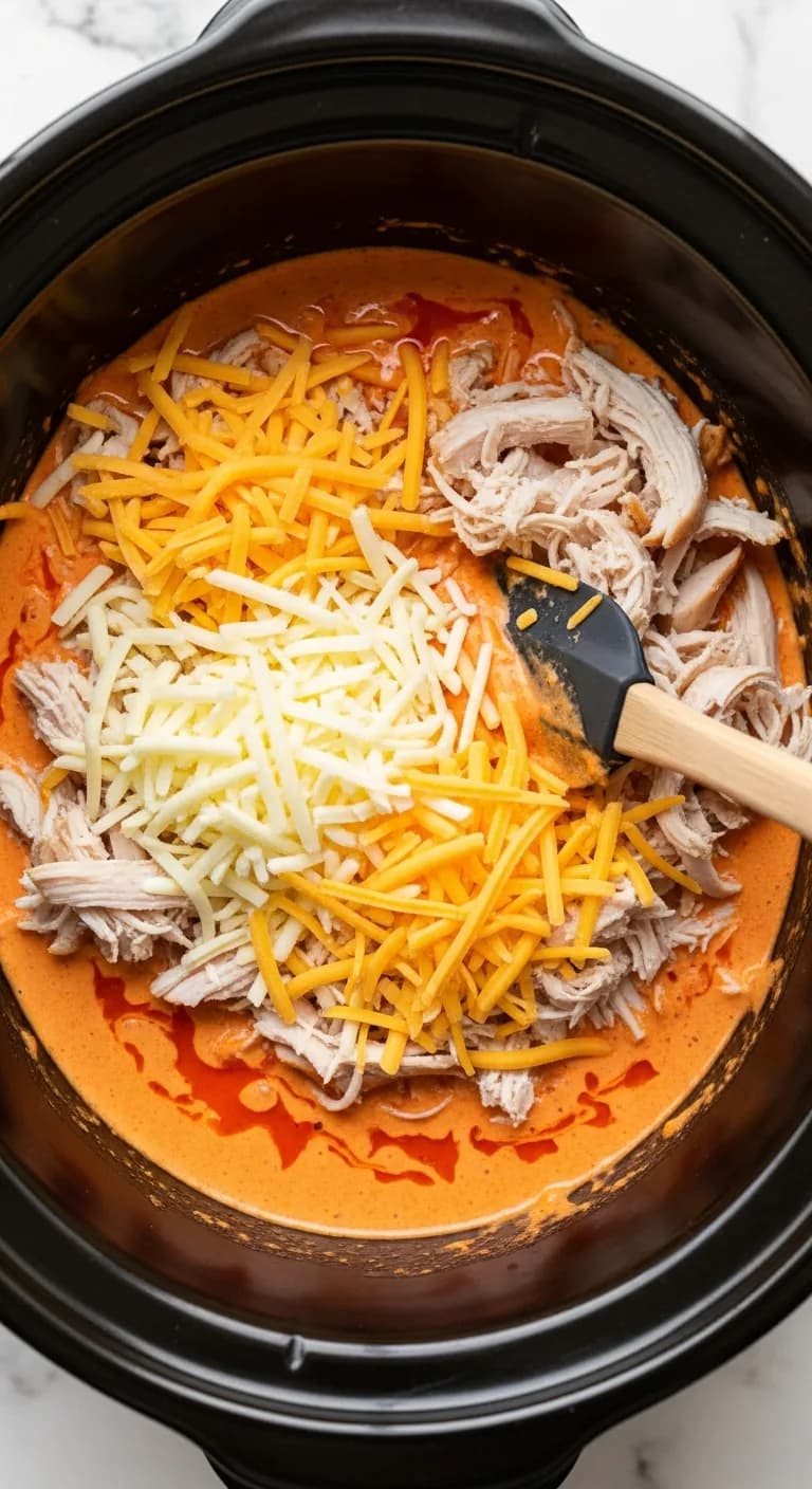 Shredded chicken and cheeses being added to the sauce base in the crockpot.