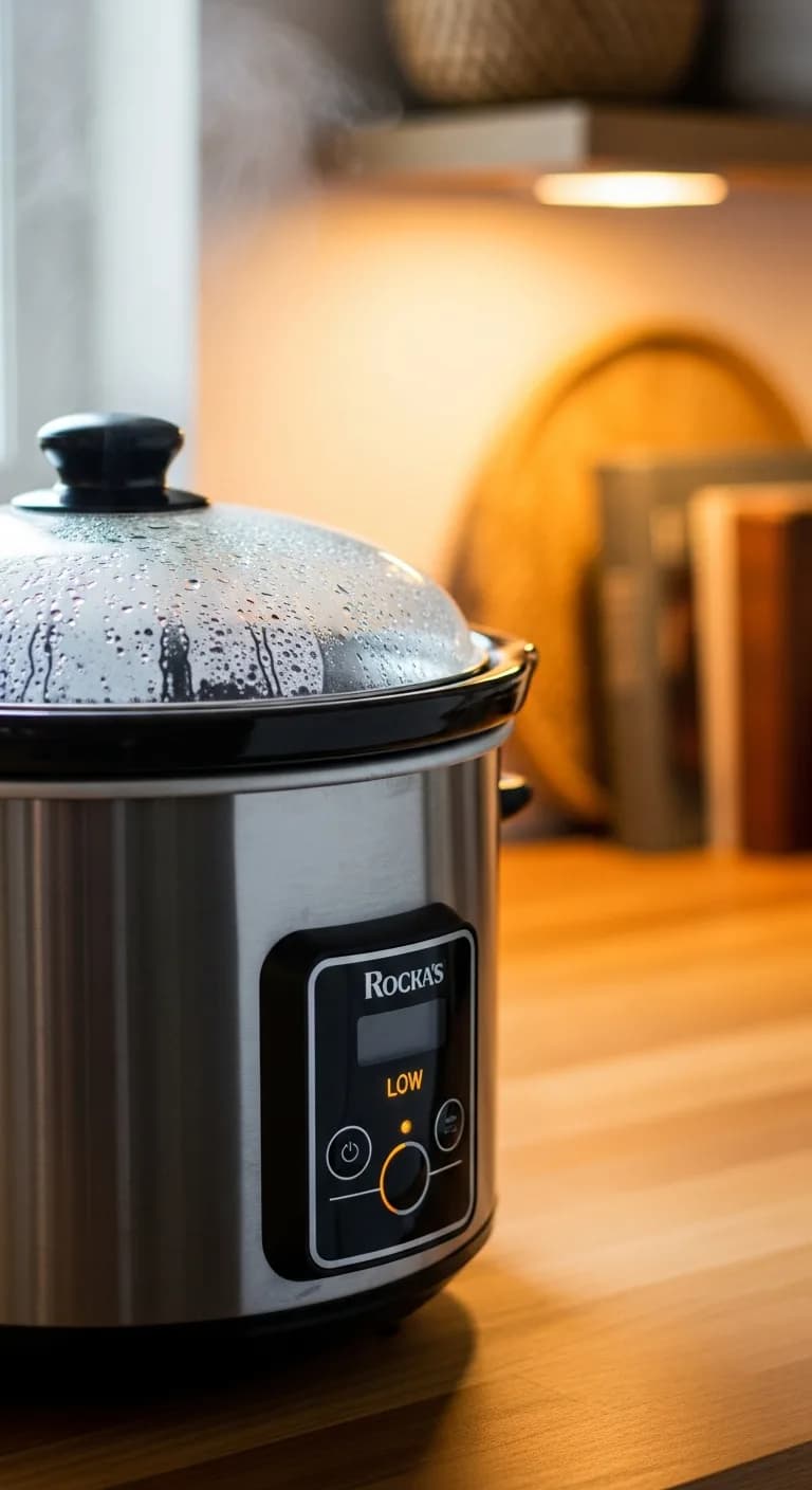 A closed slow cooker with a glass lid cooking healthy chicken vegetable soup.