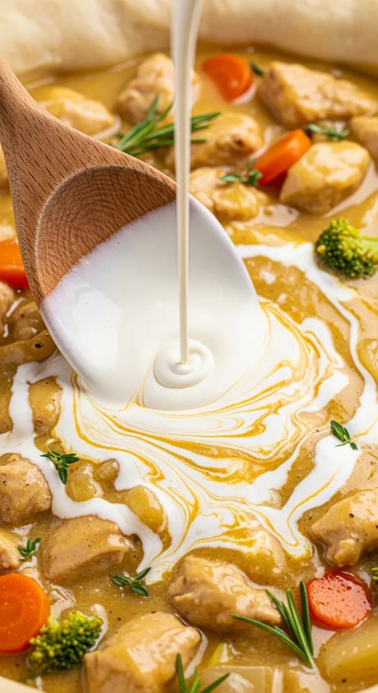 Pouring heavy cream into the cooked chicken pot pie filling in the crockpot.
