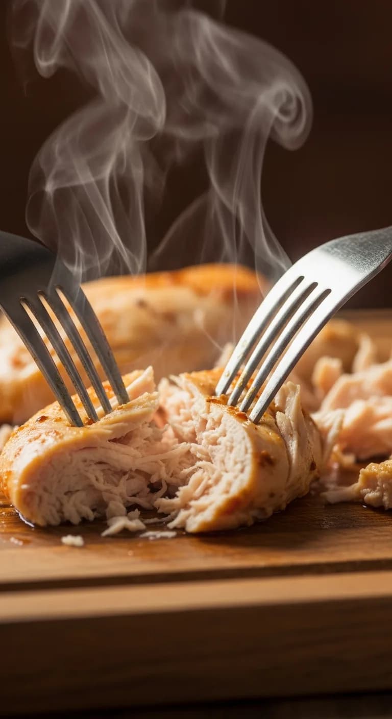 Shredding cooked tender chicken breasts with two forks for the white chicken chili.