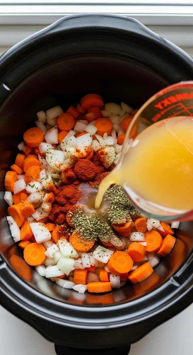Carrots, onions, and broth being added to a slow cooker for carrot soup.
