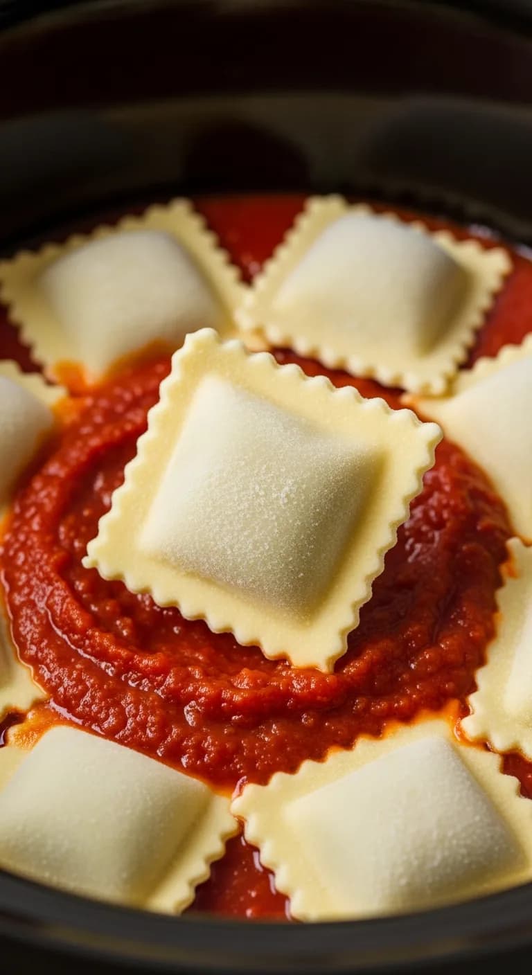 Layering frozen cheese ravioli into slow cooker