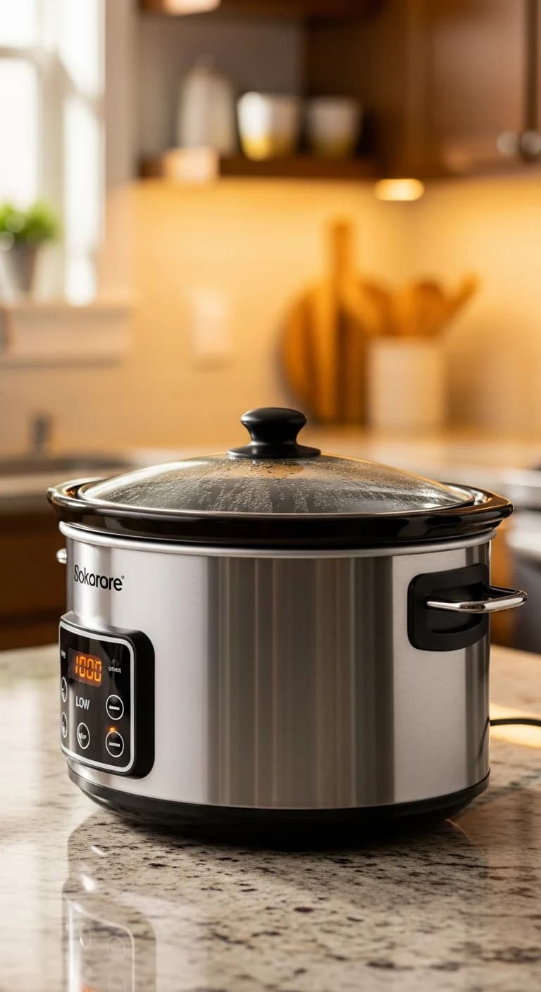 A closed slow cooker on a kitchen counter, with the indicator light on, cooking the chicken pot pie.