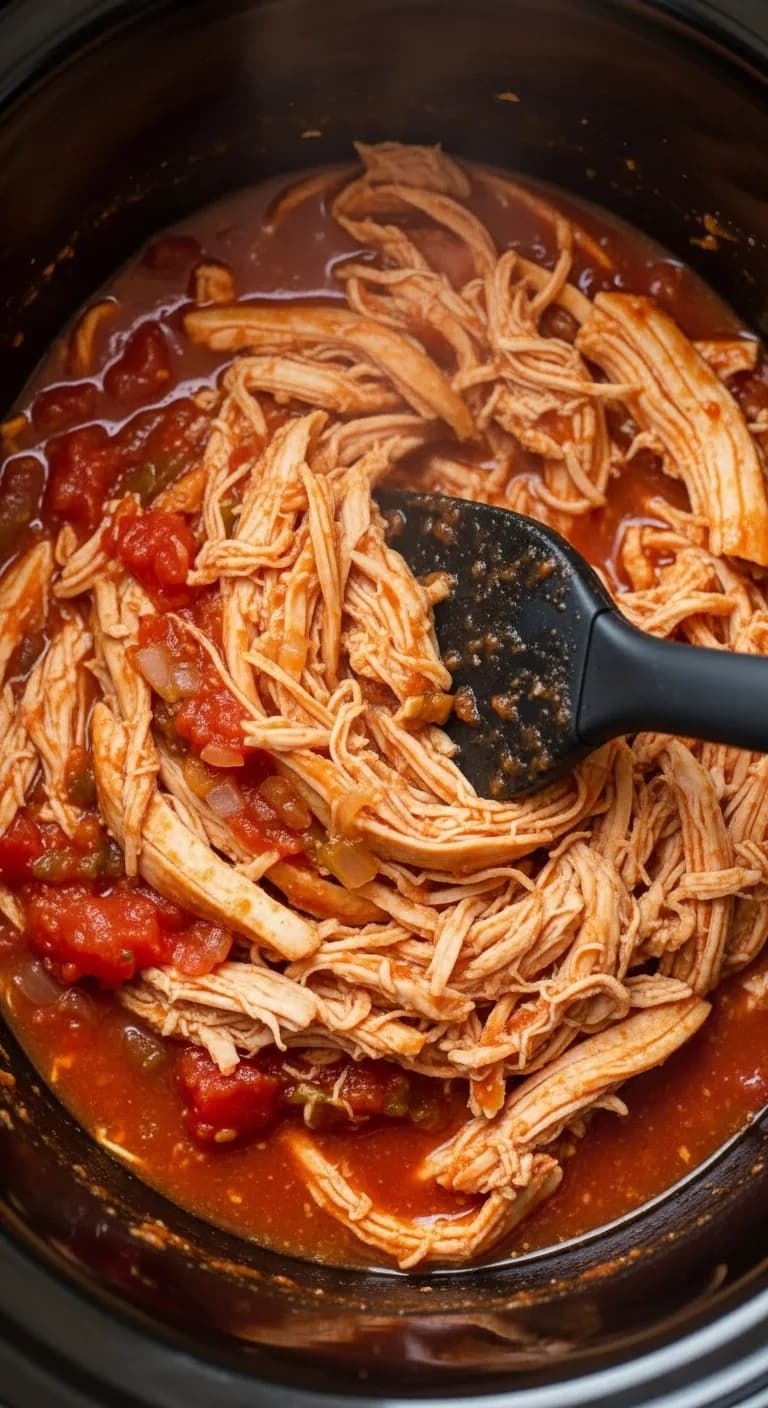 Shredded chicken being stirred back into the salsa and sauce inside the slow cooker.