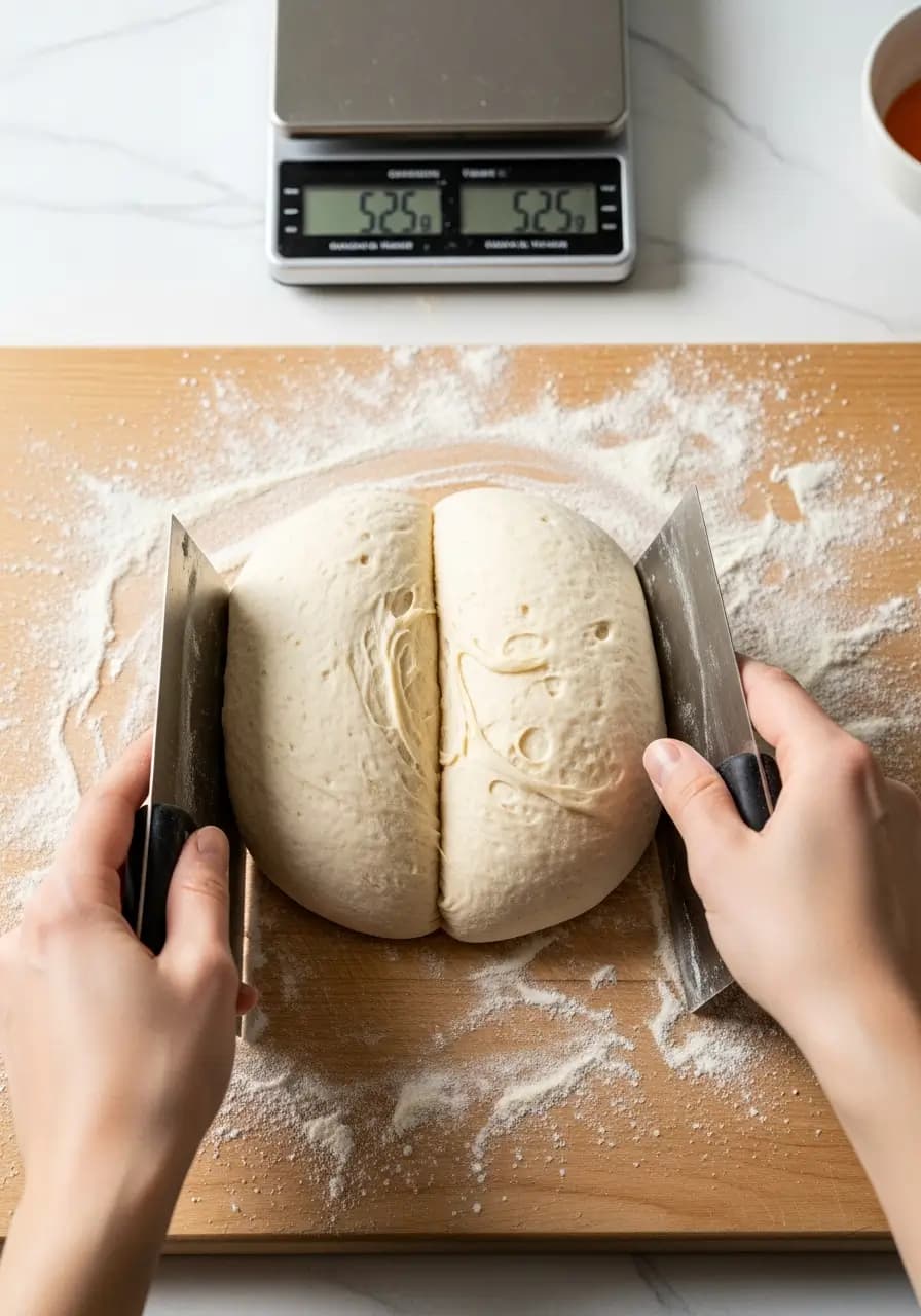 Dividing risen same day pizza dough into 2 equal portions for shaping