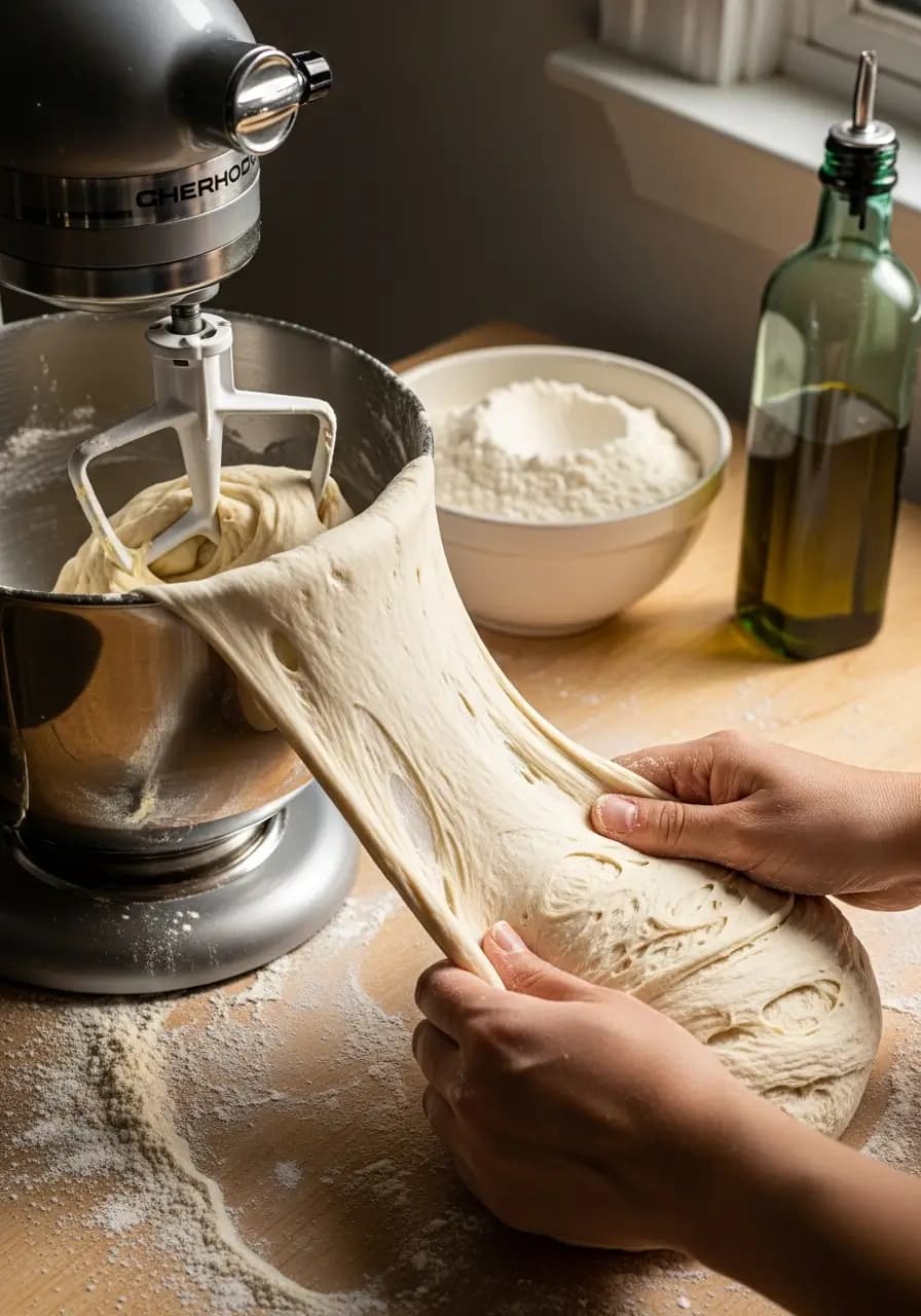 Kneading same day sourdough pizza dough until smooth and elastic