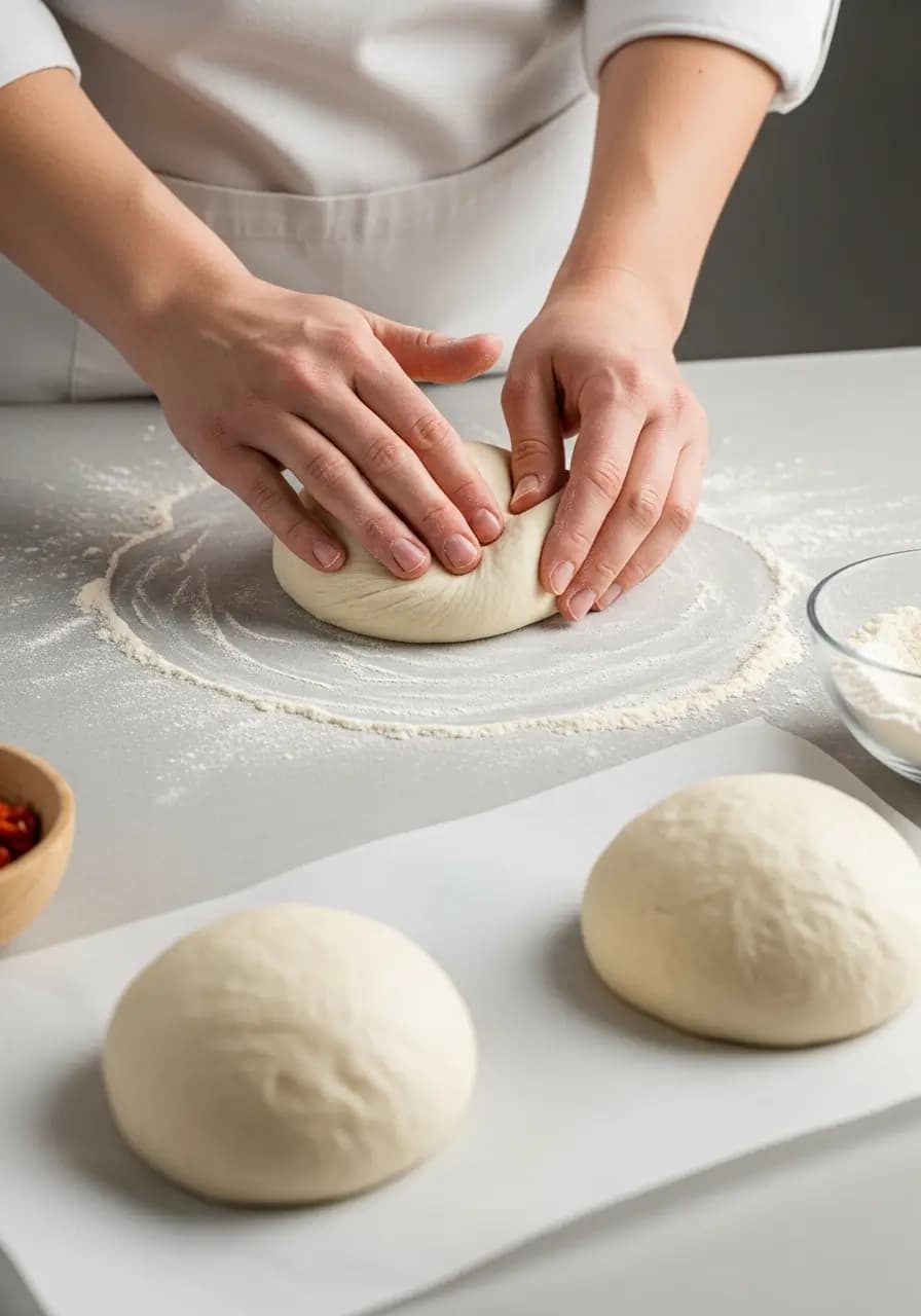 Shaping same day pizza dough into smooth tight balls for second rise