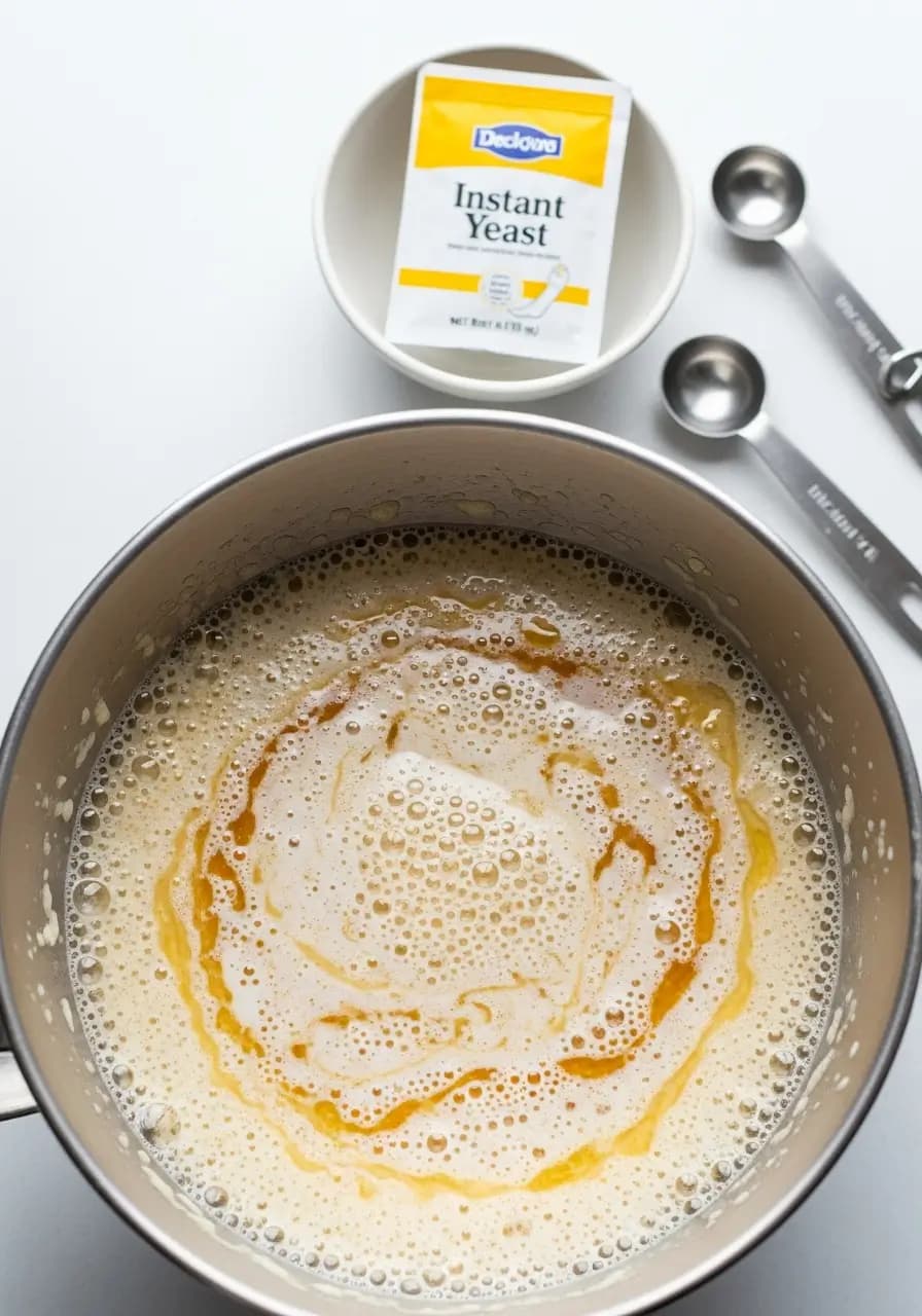 Foamy mixture of sourdough starter water yeast and honey activating for pizza dough