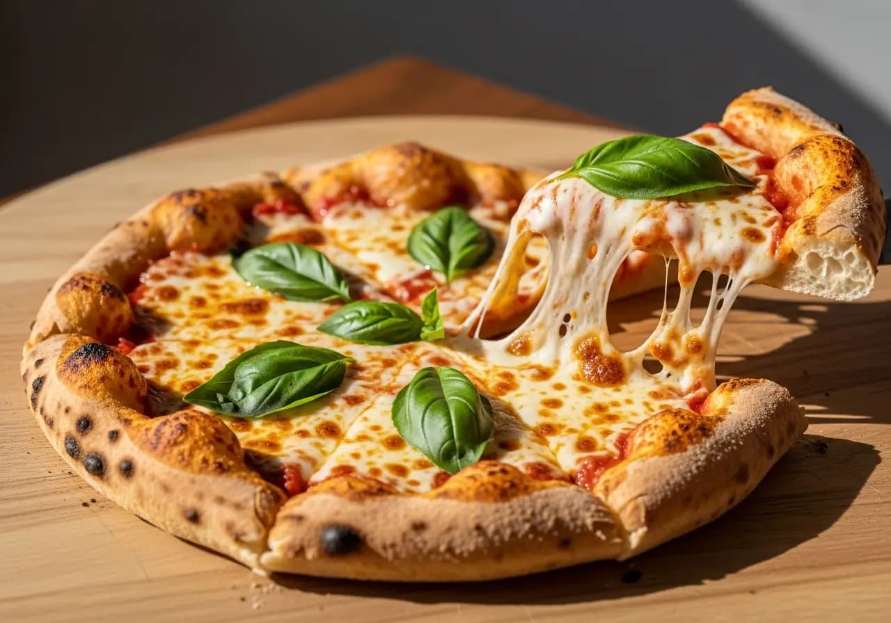 Perfectly baked same day sourdough pizza with golden crust bubbling cheese and fresh basil