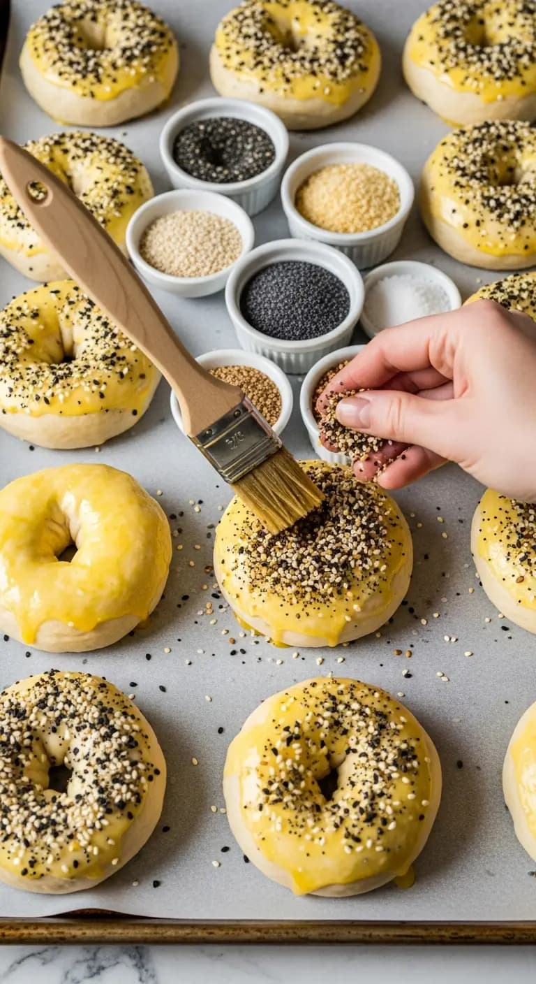 Brushing boiled sourdough bagels with egg wash and sprinkling everything bagel seasoning on top