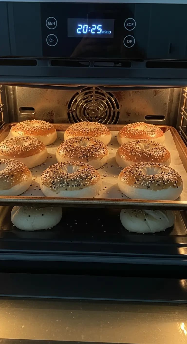 Golden brown sourdough bagels baking in hot oven showing deep color development and shine