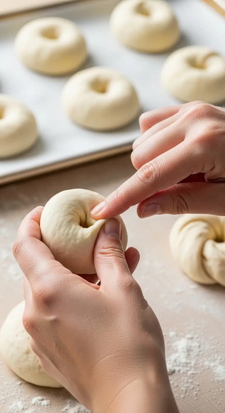 Hands shaping sourdough bagels using poke and stretch method creating large center holes