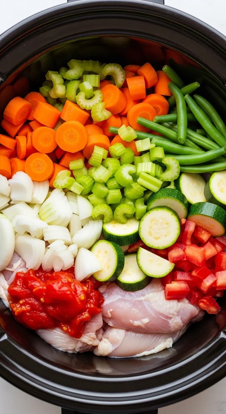 Colorful chopped vegetables layered on top of raw chicken in a slow cooker.