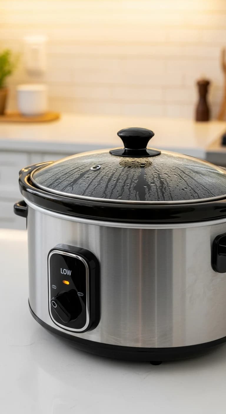 Closed slow cooker with a glass lid on, cooking the frozen chicken on a kitchen counter.