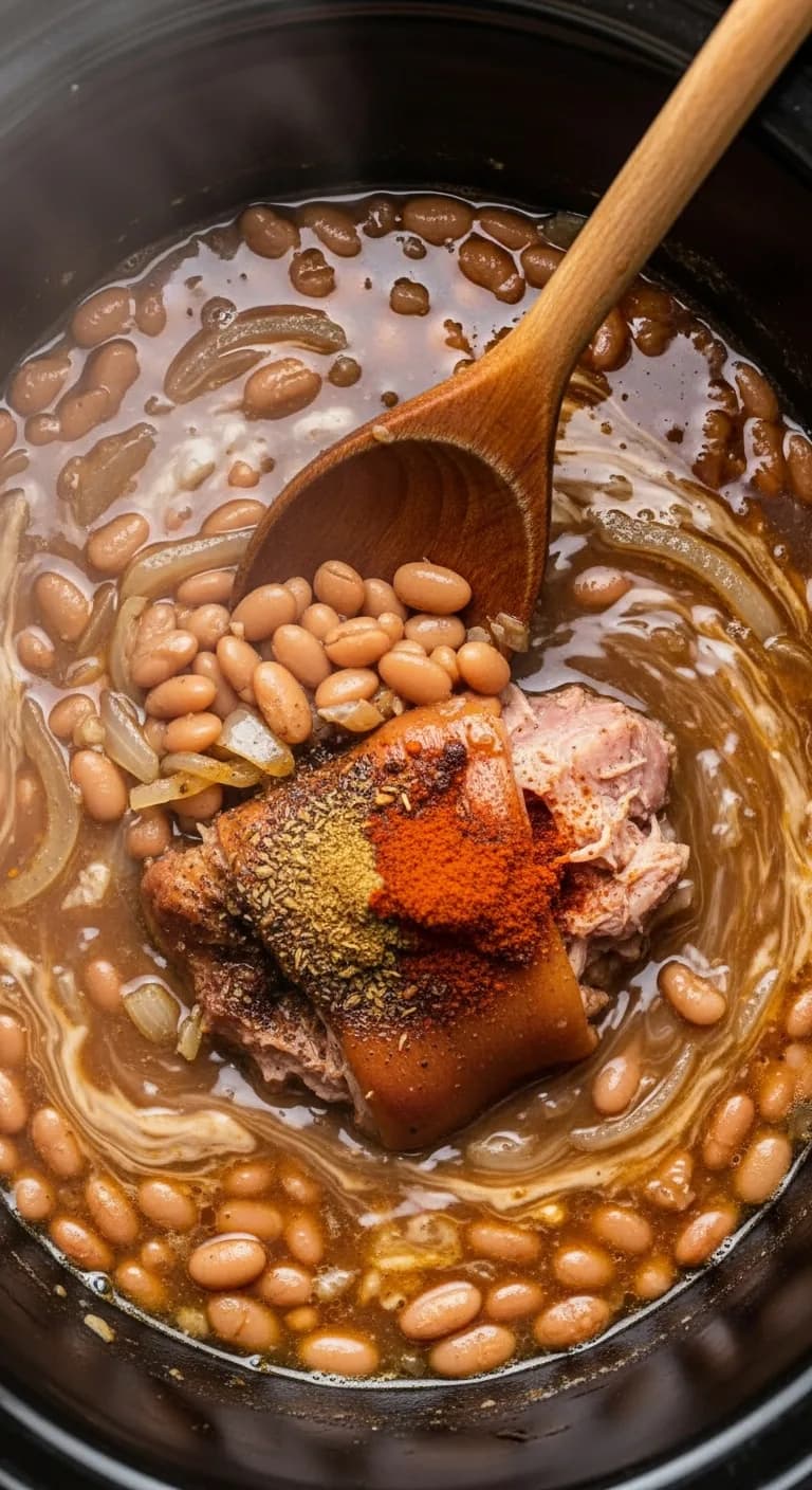 Stirring the beans, aromatics, and spices together in the slow cooker with a wooden spoon.