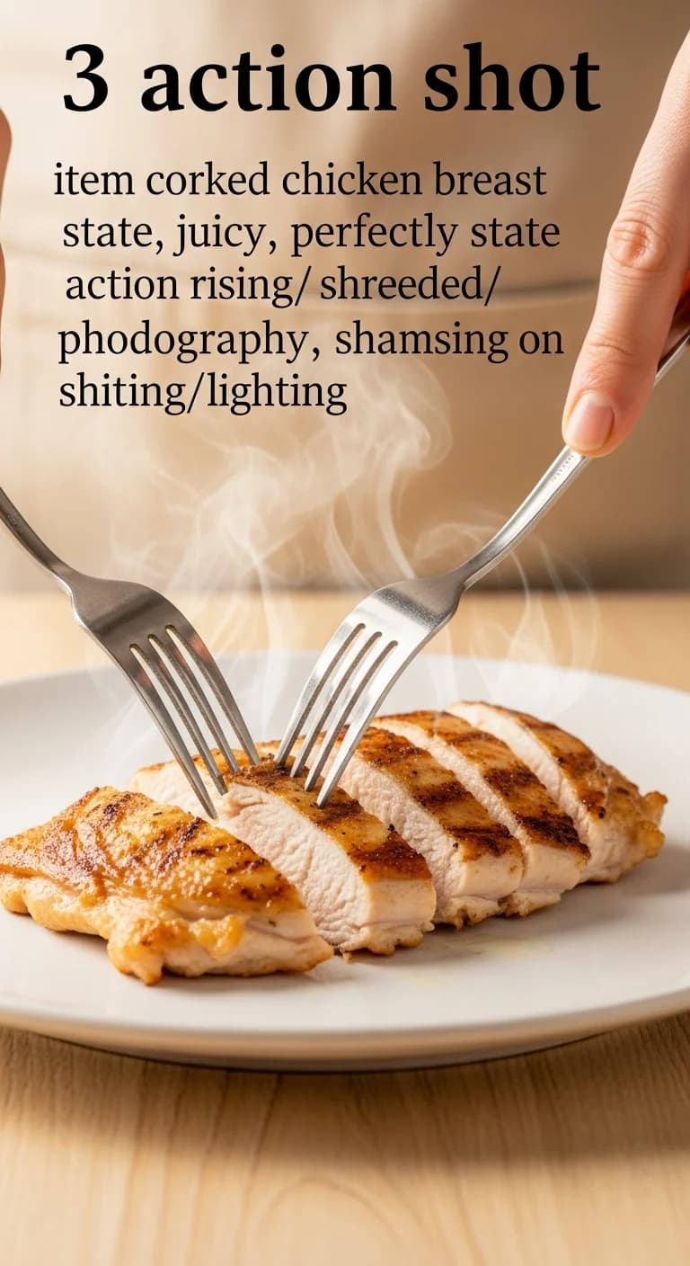 Two forks shredding a tender cooked chicken breast for chicken noodle soup.