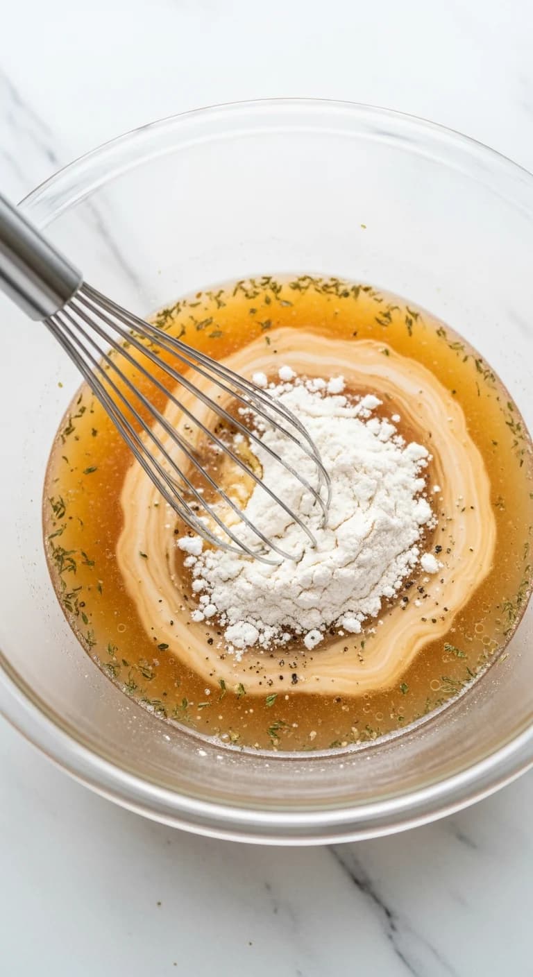 A wire whisk mixing flour and seasonings into chicken broth in a glass bowl.