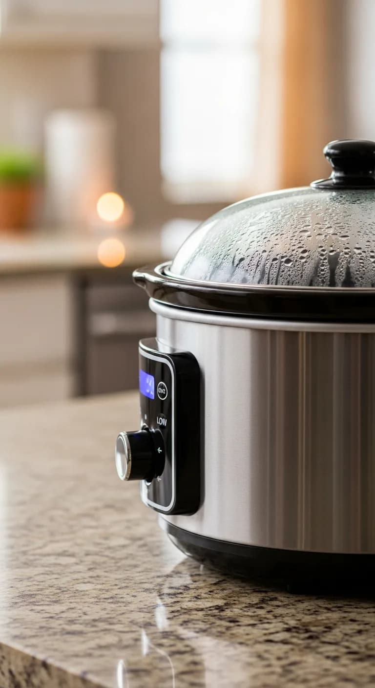 A closed slow cooker on a kitchen counter, with the indicator light on, cooking the pot pie.