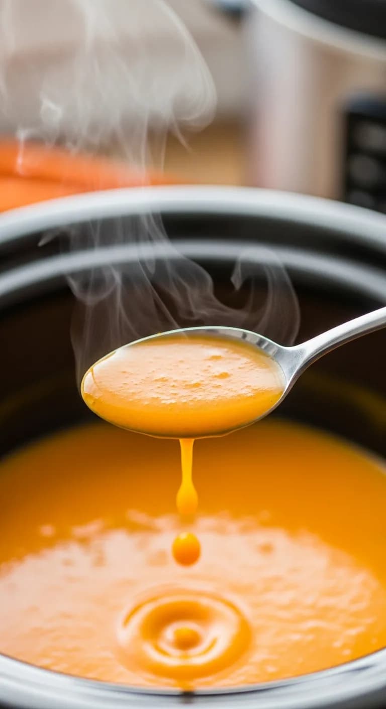 A spoonful of creamy crockpot carrot soup being tasted for seasoning.