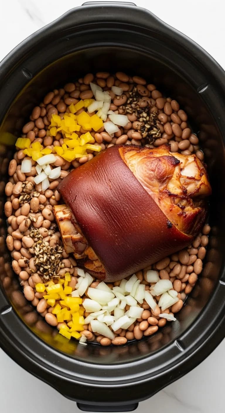 Pinto beans, chopped onion, and a ham hock inside the ceramic insert of a slow cooker.