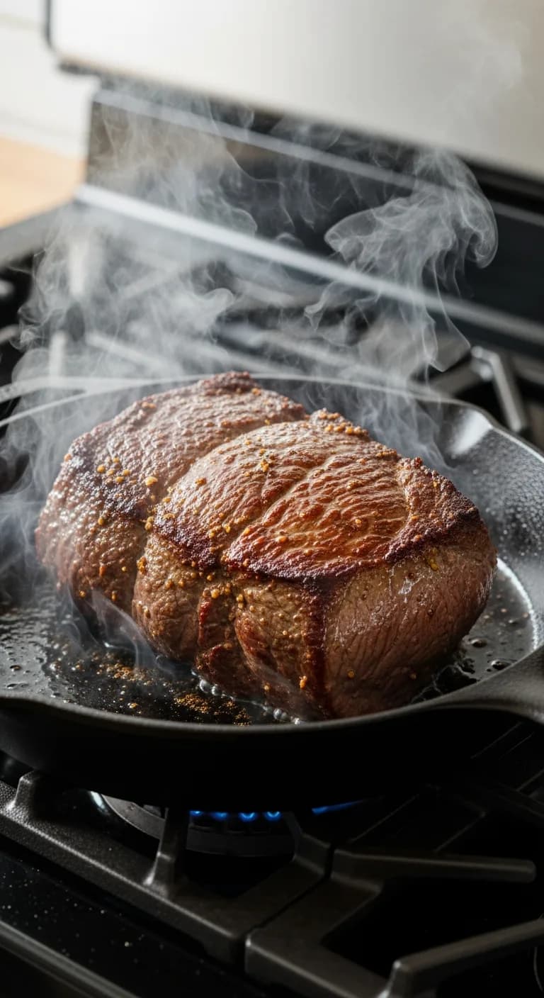 Searing beef roast in cast iron skillet to create brown crust