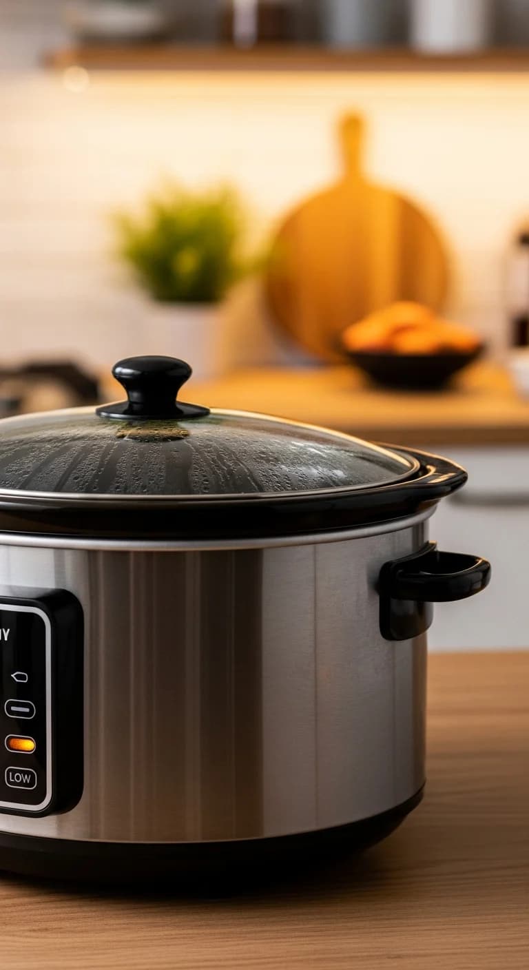 Crockpot with a glass lid on, cooking the buffalo chicken dip on the counter.