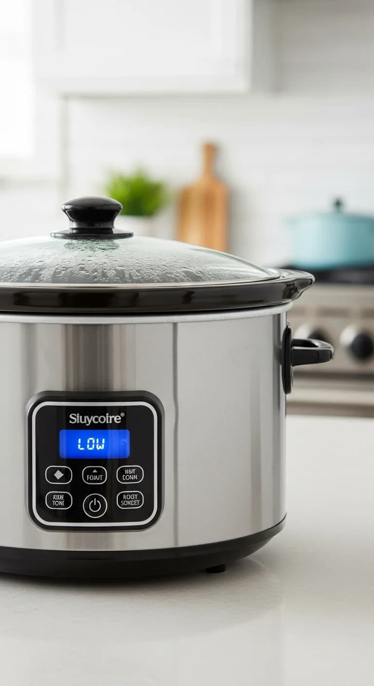 Closed slow cooker on a kitchen counter, cooking the white chicken chili.