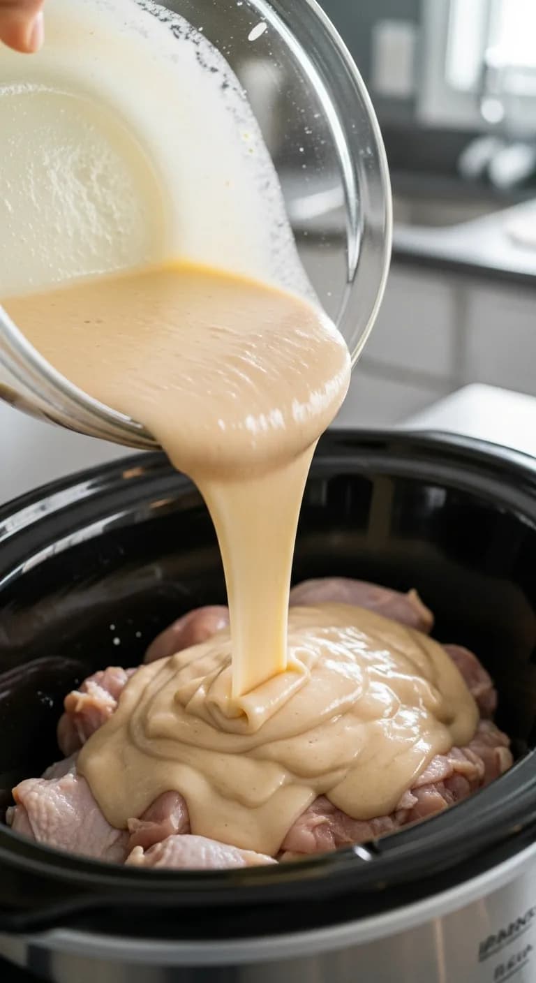 Pouring the prepared gravy mixture over the raw chicken in the slow cooker.