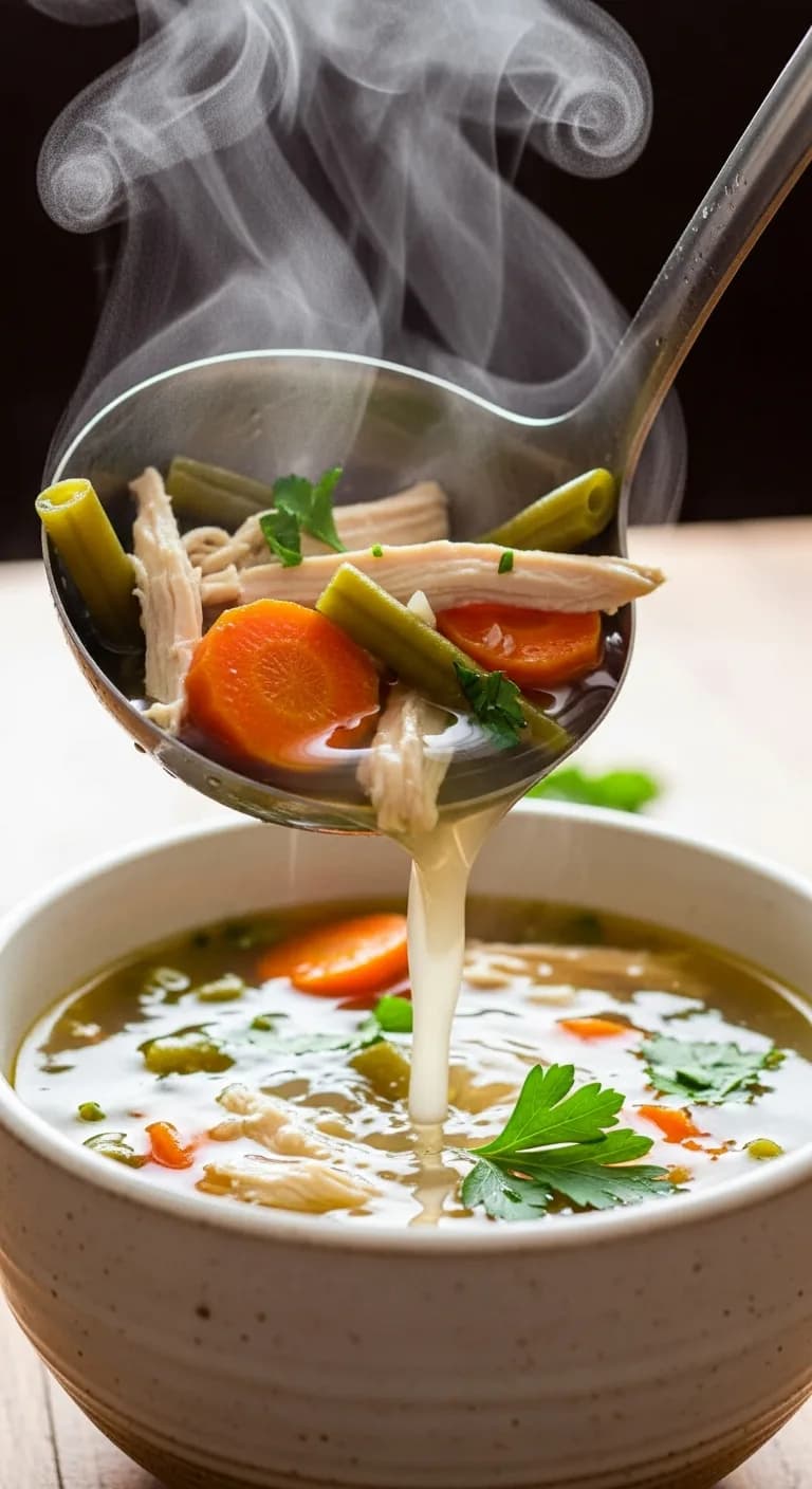 A ladle of healthy crockpot chicken vegetable soup being served into a white bowl.