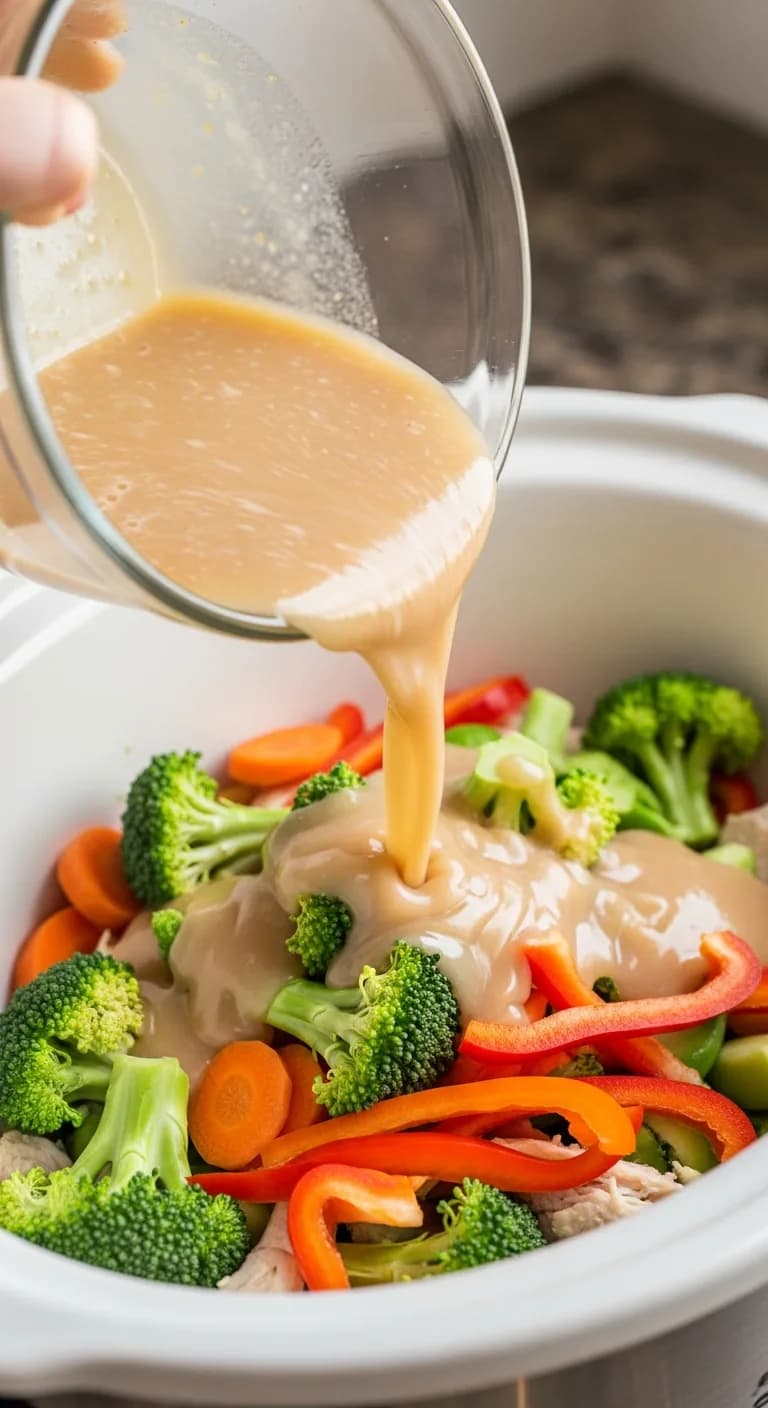 Pouring the prepared broth mixture over the layered ingredients in the slow cooker.