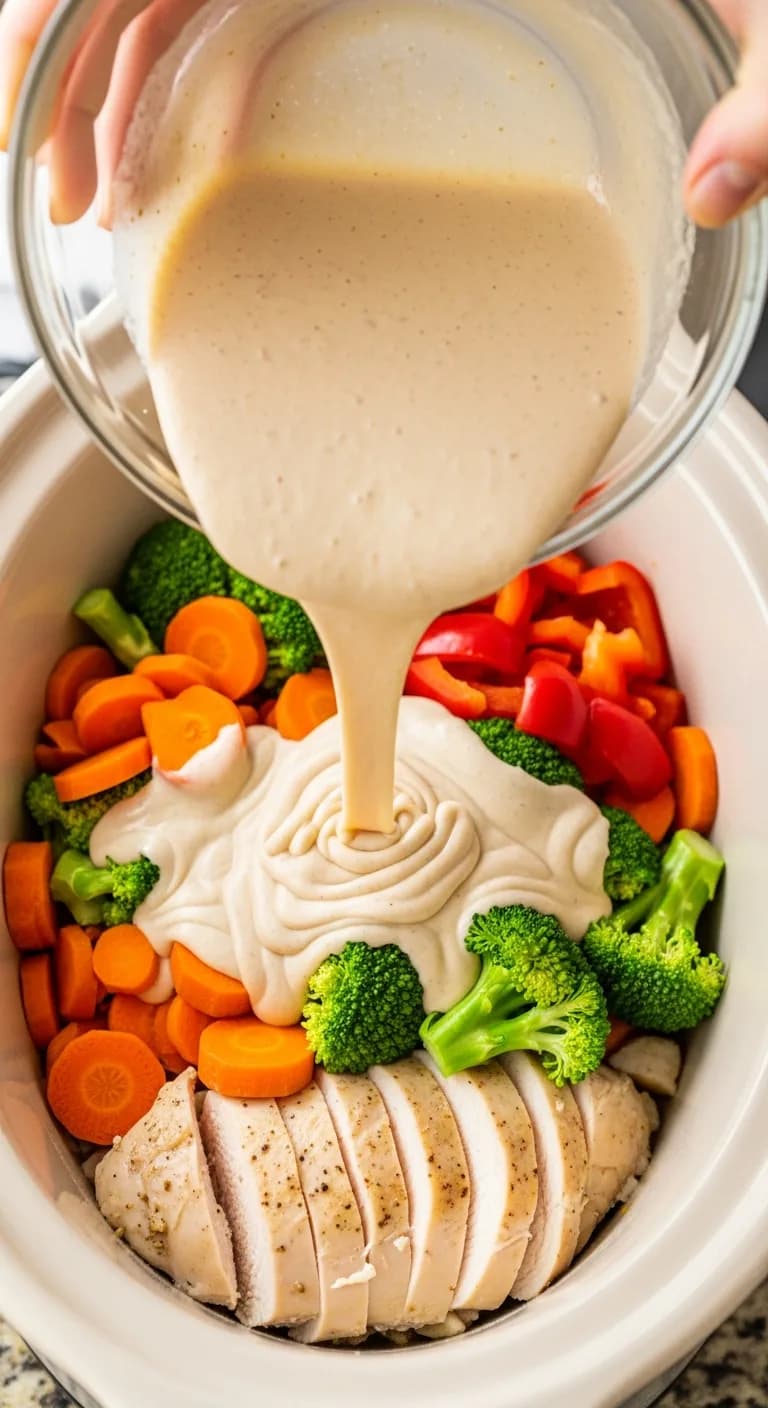 Creamy sauce being poured from a bowl over the raw chicken and vegetables in the slow cooker.