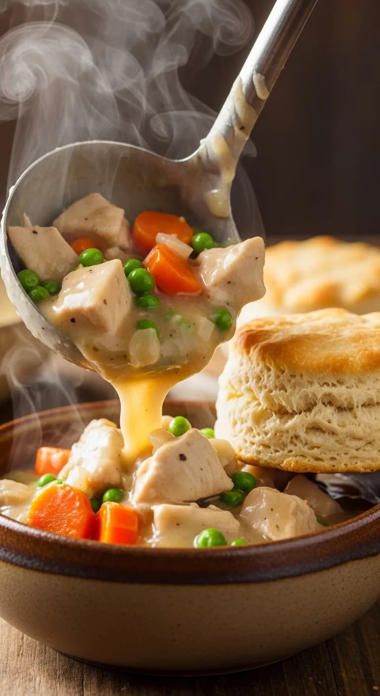 A ladle scooping creamy crockpot chicken pot pie into a rustic serving bowl.