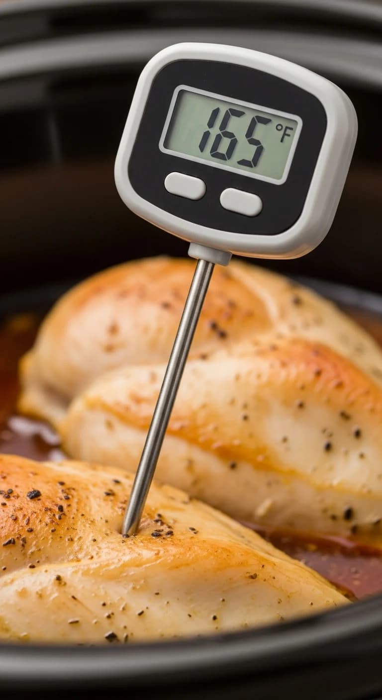 A digital meat thermometer inserted into a cooked chicken breast showing a reading of 165°F.
