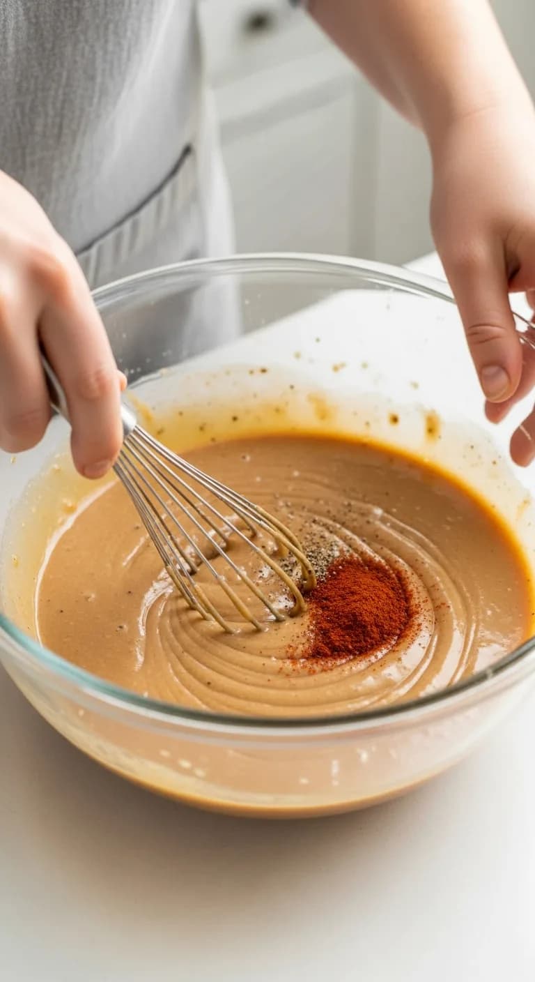 Whisking gravy mix, cream of chicken soup, and spices in a glass bowl.
