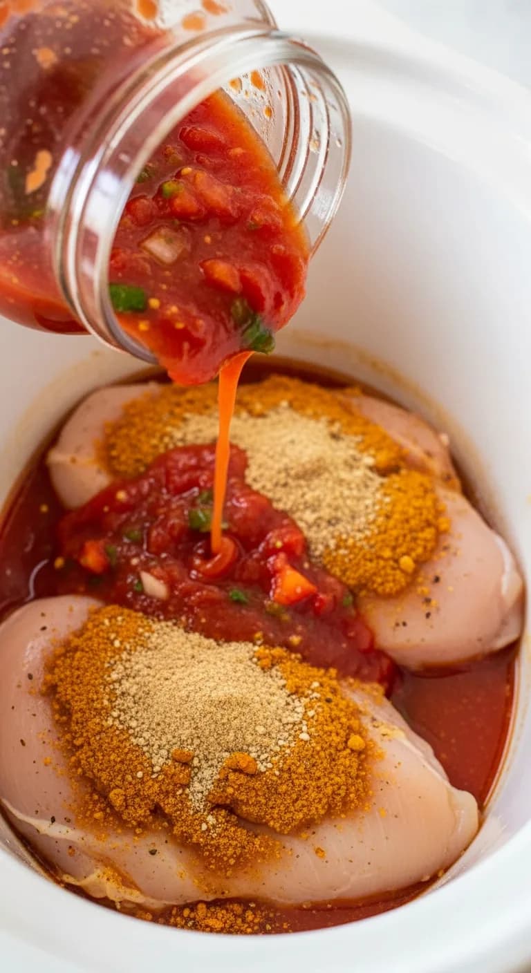 A jar of salsa being poured over raw chicken in a slow cooker with taco seasoning on top.