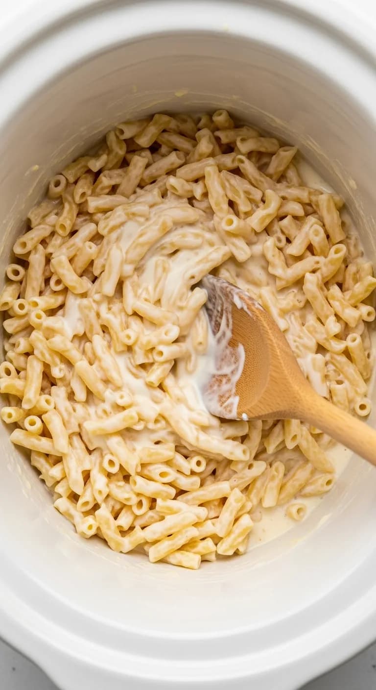 Stirring all the ingredients for crockpot mac and cheese together in the slow cooker.