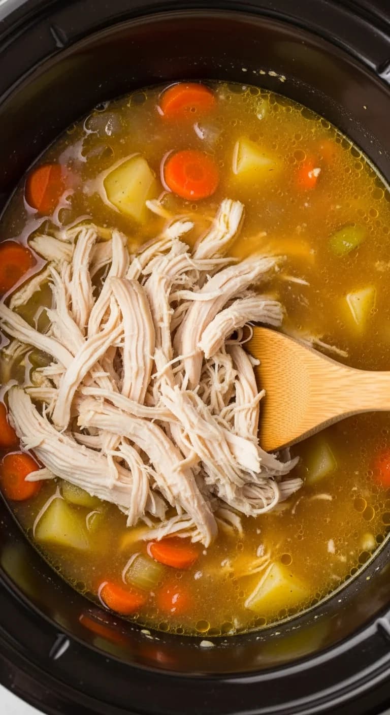 Shredded chicken being added back into the slow cooker filled with broth and vegetables.