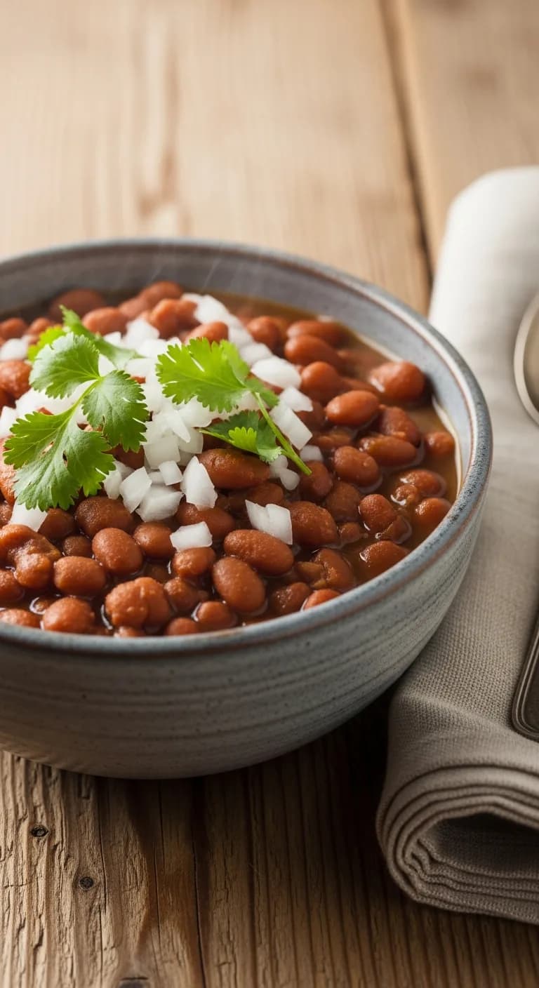 A bowl of finished crockpot pinto beans garnished with fresh cilantro and chopped onion.