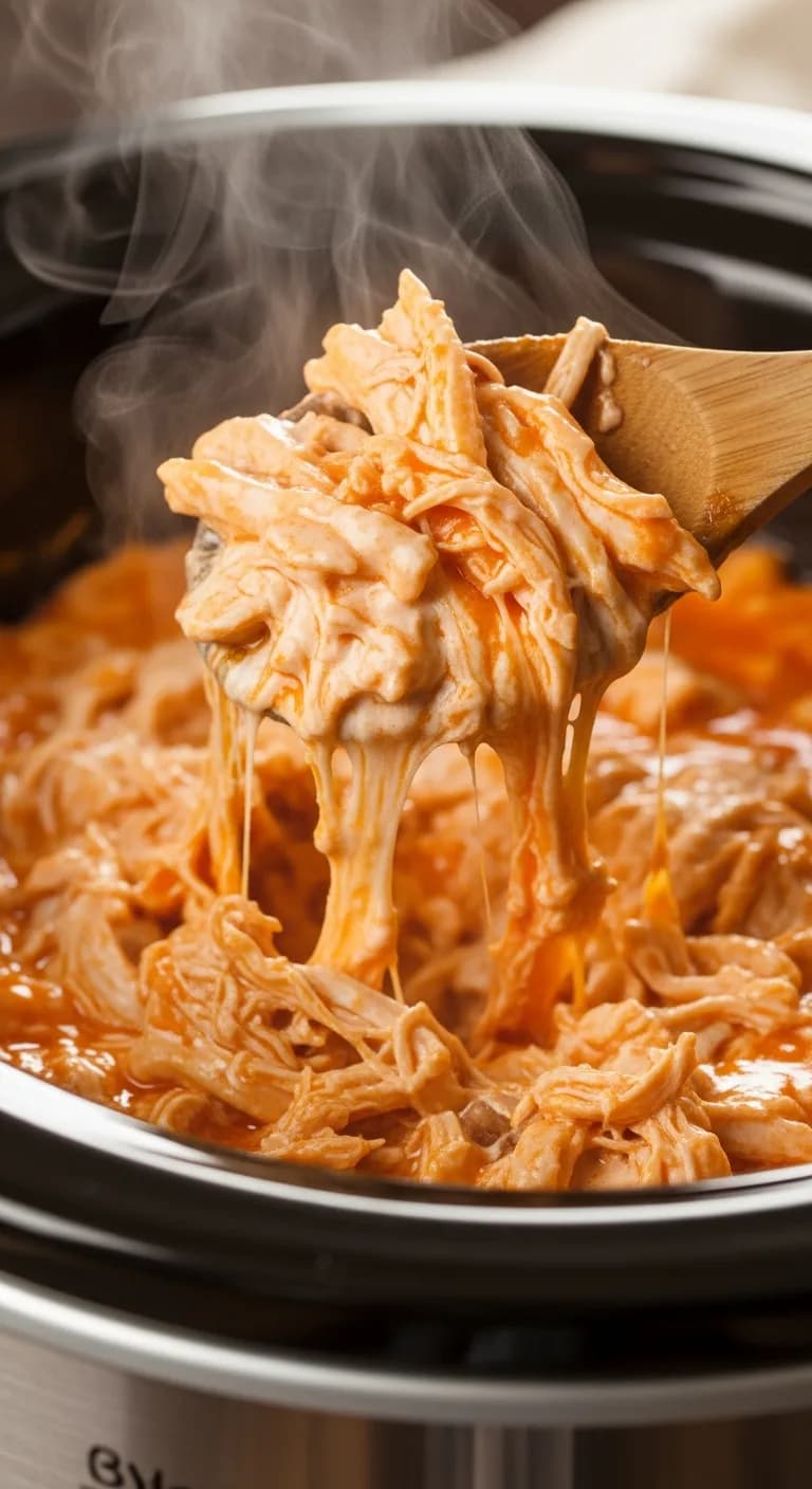 Stirring the partially melted buffalo chicken dip halfway through cooking in the crockpot.