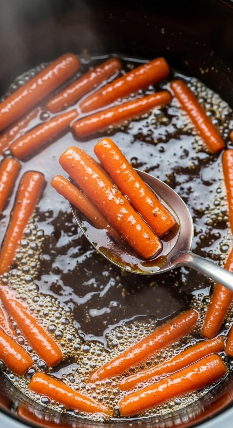 Stirring the tender, fully cooked glazed carrots with a spoon in the slow cooker.