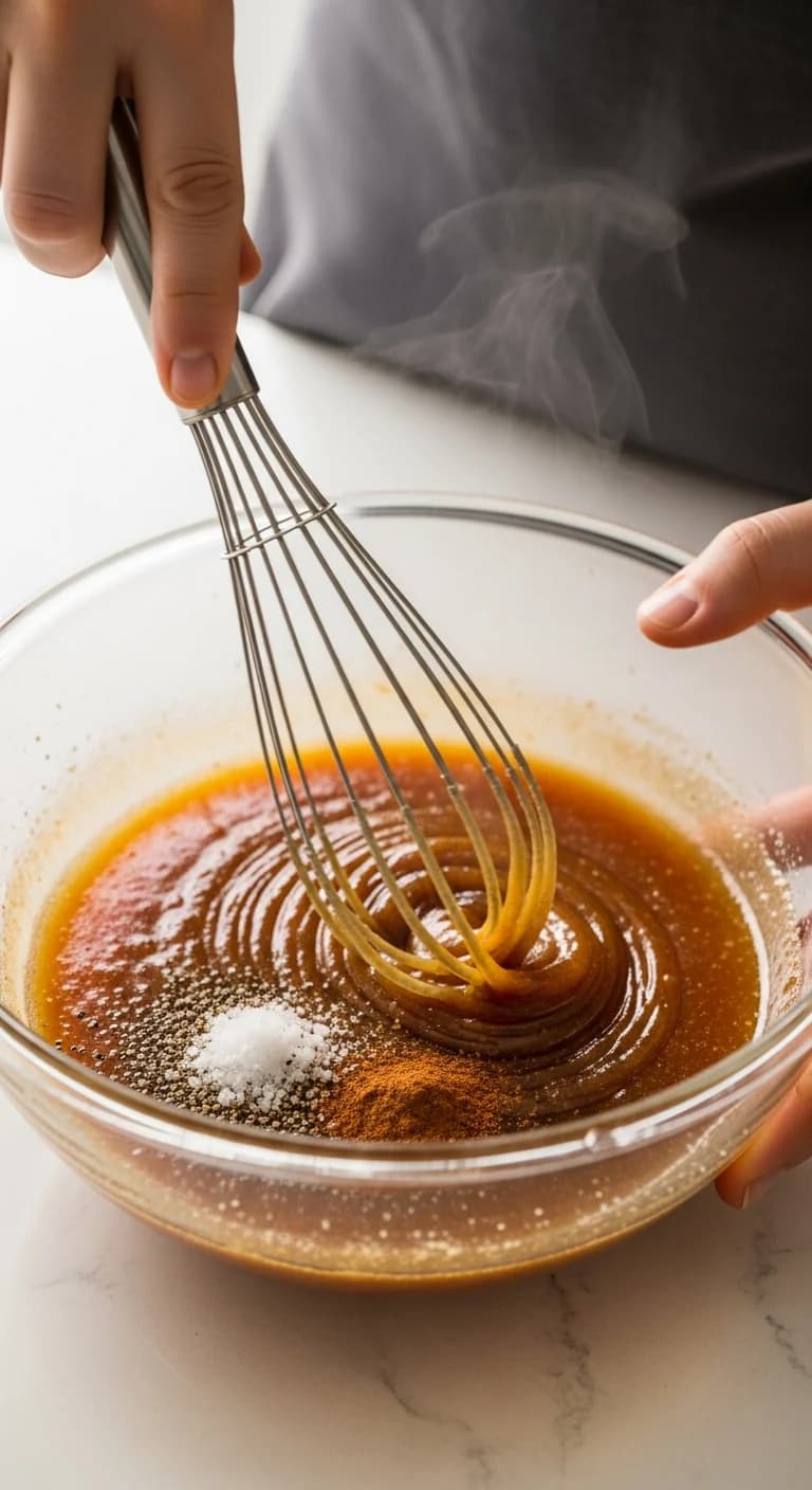 Melted butter, brown sugar, and spices being whisked in a glass bowl for carrot glaze.