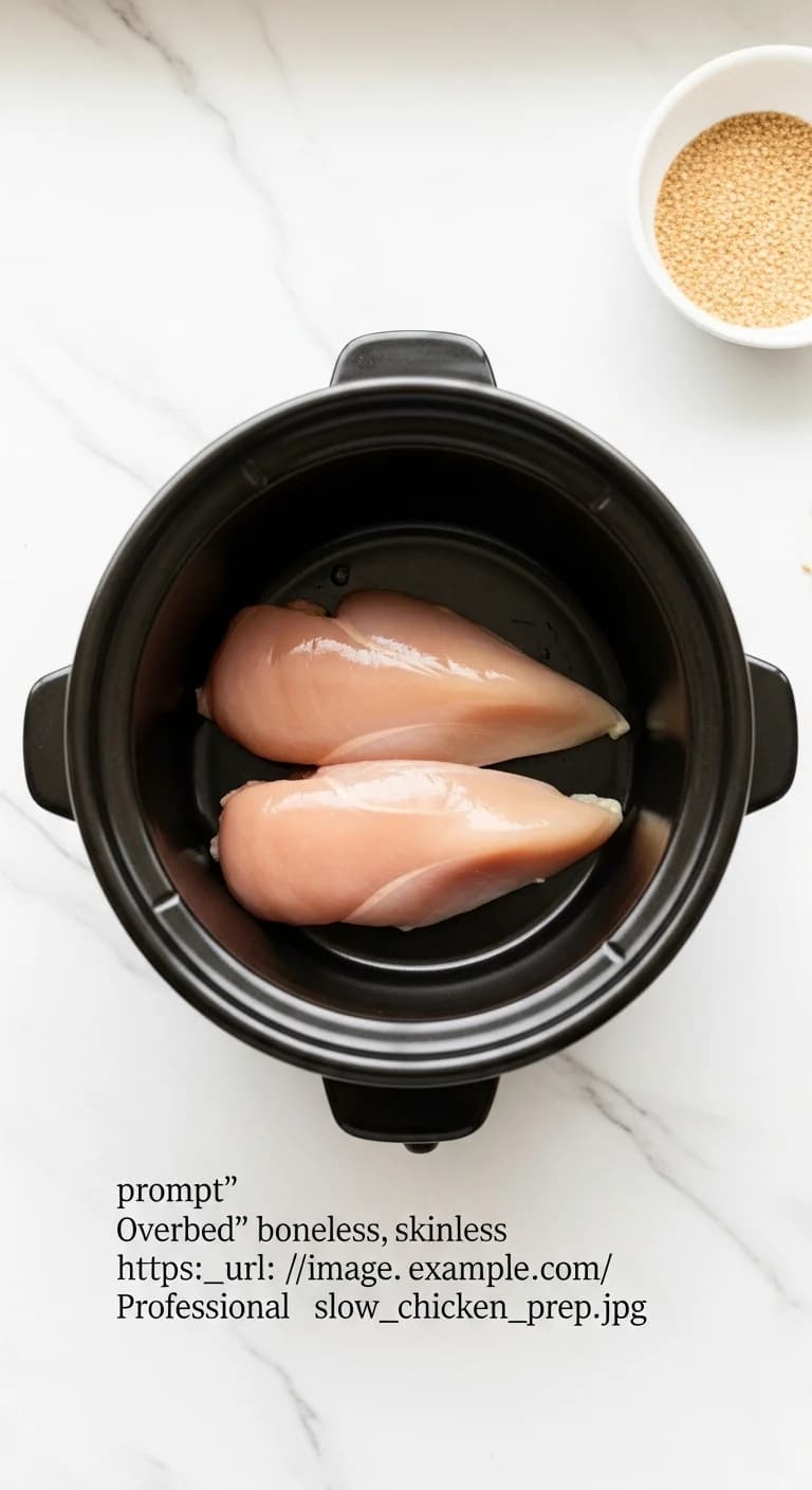 Raw chicken breasts placed at the bottom of a black slow cooker crock.