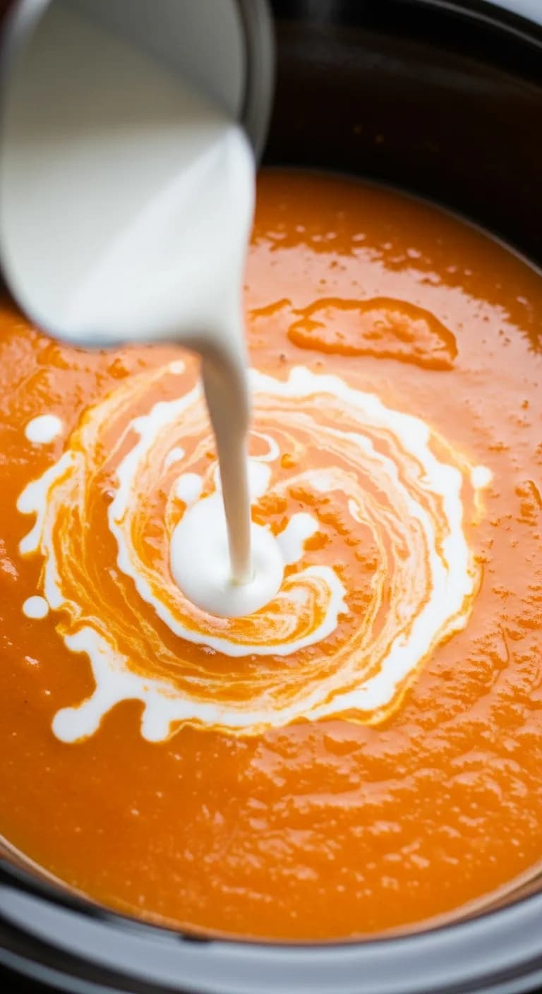 Pouring creamy white coconut milk into the smooth orange carrot soup.
