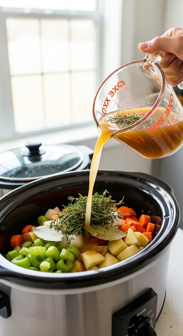 Pouring chicken broth over vegetables and herbs in a crockpot for healthy soup.